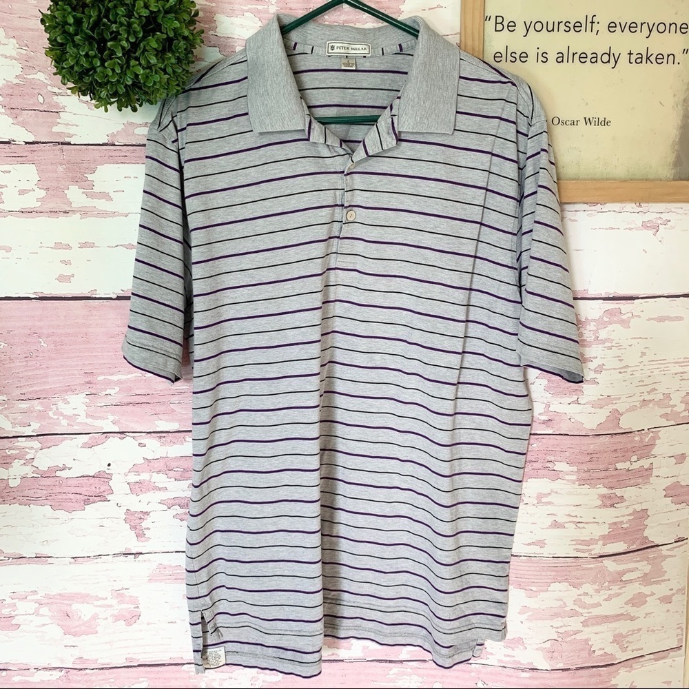 PETER MILLAR Men’s Gray Purple Collared Striped Polo Shirt size Large